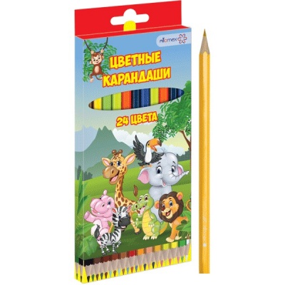 Карандаши цветные 24 шт., деревянные, шестигранные, М, Attomex Zoo (к/к)