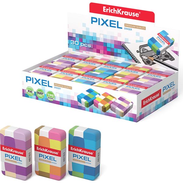 Ластик ErichKrause Pixel, TPR (Dust free), прямоугольный, 44*27*10 мм, картон. держатель, 3 дизайна