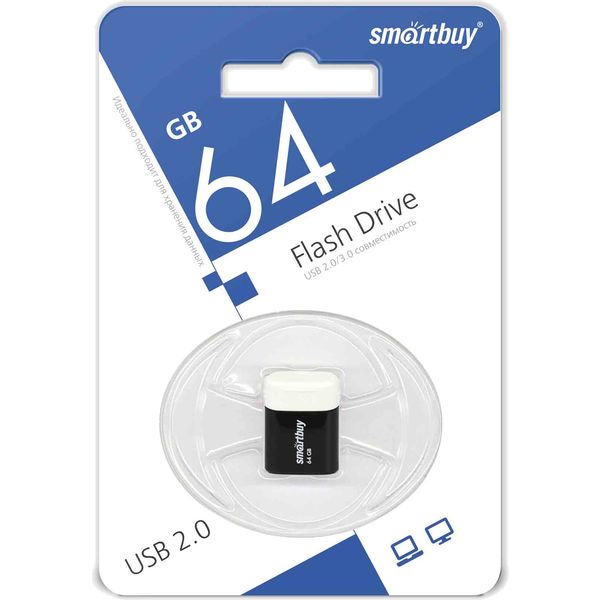 Флеш-накопитель USB 2.0, 64 ГБ, Smartbuy LARA Black/черный