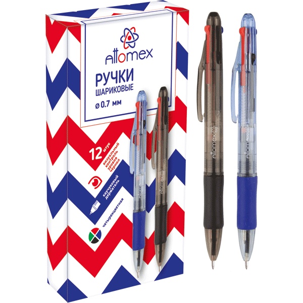 Ручка шариковая автомат., 4-цветная, Ø 0.7 мм, лин. 0.3 мм, эрг. грип, Attomex_4 дизайна