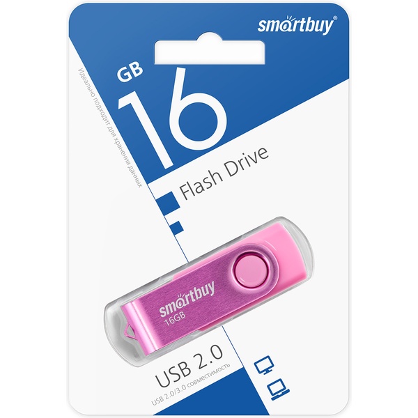 Флеш-накопитель USB 2.0, 16 ГБ, Smartbuy Twist Pink/розовый