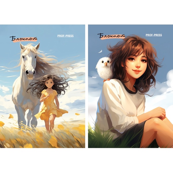 Блокнот на склейке А7, 48 л., клетка, 60 г/м², Prof-Press Девушки и животные-1_2 дизайна