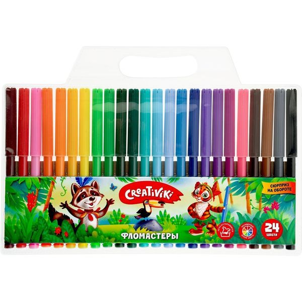 Фломастеры 24 цвета, чернила в/о, вент. колпачок, круг. корп., ШЛ 2 мм, Creativiki (пвх конверт)