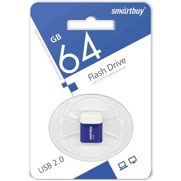 Флеш-накопитель USB 2.0, 64 ГБ, Smartbuy LARA Blue/синий