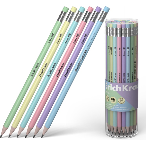 Карандаш чернографитный с ластиком, HB, деревянный, трехгранный, 6 цветов, ErichKrause Pastel