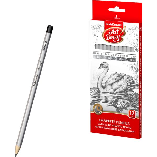 Карандаши чернографитные (набор 12 шт.) 2Н-8В, деревянные, шестигранные, серебр., к/к, ArtBerry