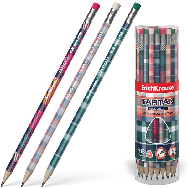 Карандаш чернографитный с ластиком, HB, деревянный, трехгранный, 3 дизайна, ErichKrause Tartan Карандаш чернографитный с ластиком, HB, деревянный, трехгранный, 3 дизайна, ErichKrause Tartan