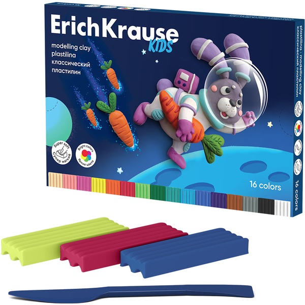 Пластилин классический ErichKrause Kids Space Animals: 16 цветов, брусок 18 г, стек (к/к)