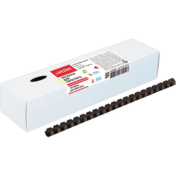 Пружина для переплета пластиковая, D8 мм, круглая, сшивает до 40 л., черная, 100 шт/уп, deVENTE