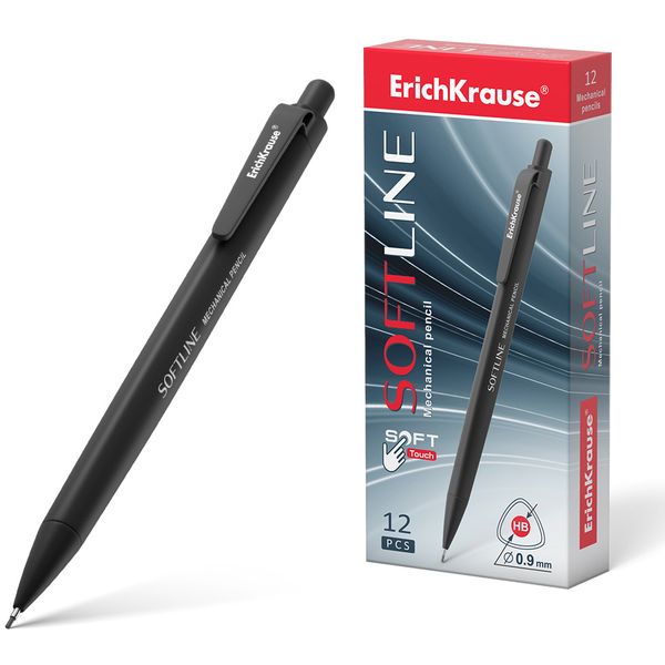 Карандаш механический 0.9 мм, НВ, ErichKrause SoftLine, треугольный корпус софт-тач, клип, ластик