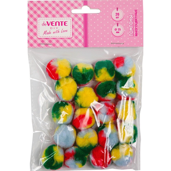 Помпоны Ø 25 мм, пестрые (4-цветные), 20 шт., deVENTE DIY 