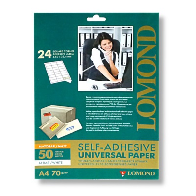 Бумага самоклеящаяся, 64*33.4 мм, 24 шт./А4, матовая, белая, 70 г/м², 100 л., LOMOND Универсальная