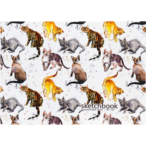 Скетчбук А5, на скобе, 40 л., крем. блок 80 г/м², Prof-Press Орнамент с котиками   Акция