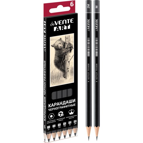 Карандаши чернографитные (набор 6 шт.) 2Т-2М, деревянные, шестигранные, к/к, deVENTE Art