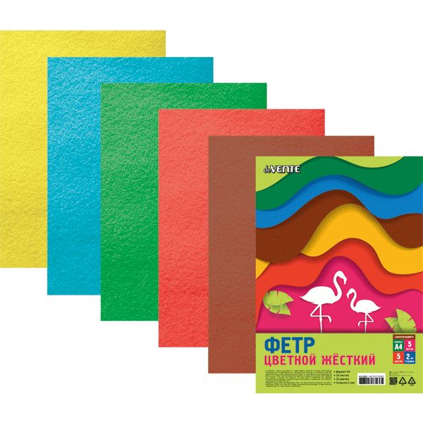 Фетр для творчества самоклеящийся, 1.5 мм, А4, 5 л., 5 цв., в п/п, deVENTE Яркие цвета Акция!