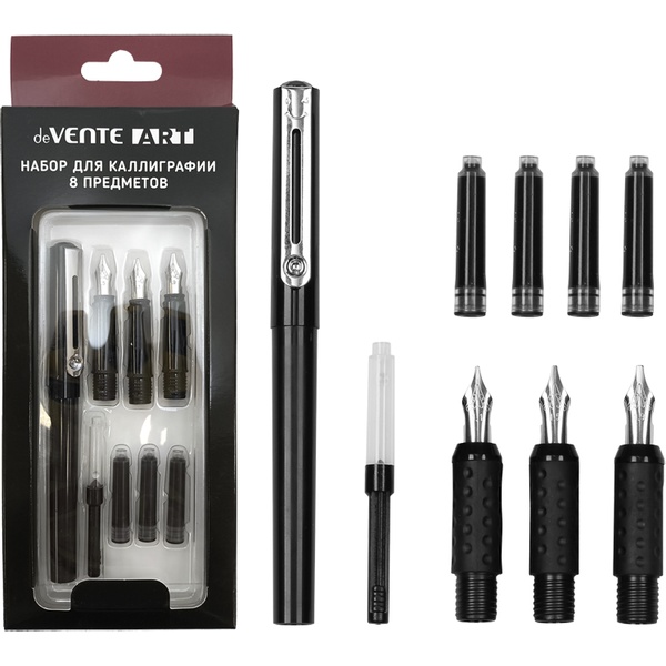 Ручка перьевая, 3 пера, 1 конвертер, 3 картриджа с черными чернилами, deVENTE Art
