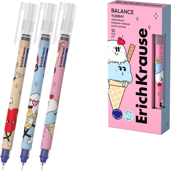 Ручка-роллер, синяя, Ø 0.5 мм "игла", лин. 0.35 мм, ДП 800 м, Free Ink, ErichKrause Balance Stick Yummy_3 дизайна
