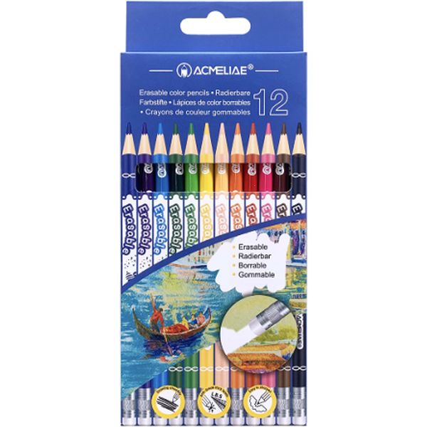 Карандаши цветные с ластиком 12 шт., деревянные, круглые, Acmeliae (в к/к)
