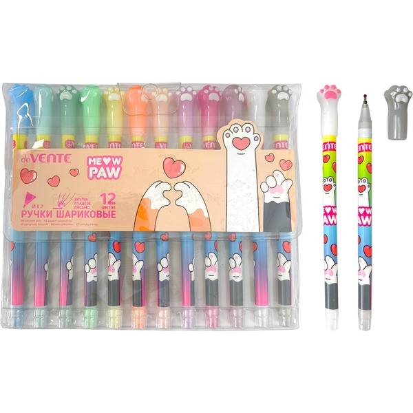 Ручки шариковые, набор 12 шт./12 цв., Ø 0.7 мм, круг. корп. фигурн. колпачок, deVENTE Meow Paw