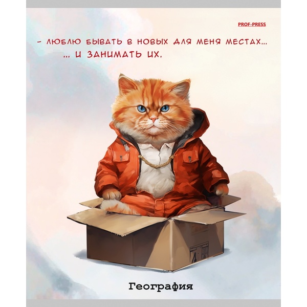 Тетрадь предметная 48 л., клетка, 60 г/м², обл. мел. картон, Prof-Press Жил был кот_География Тетрадь предметная 48 л., клетка, 60 г/м², обл. мел. картон, Prof-Press Жил был кот_География