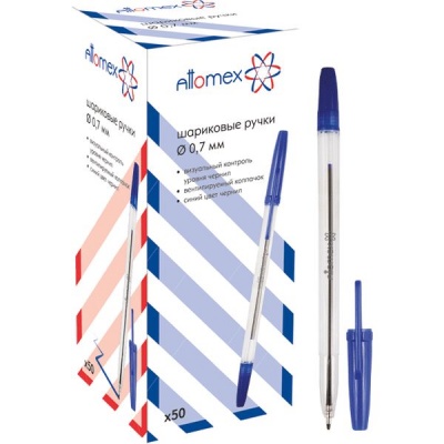 Ручка шариковая синяя, Ø 0.7 мм, прозр. шестигран. корп., Attomex (Crystal) тип PIONEER