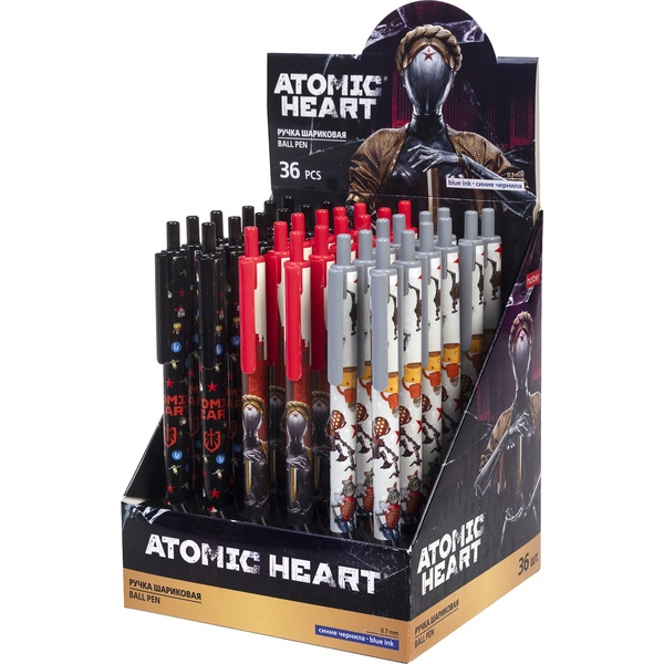 Ручка шариковая автомат., синяя, 0.7 мм, круг. корпус, HATBER Atomic Heart_3 дизайна