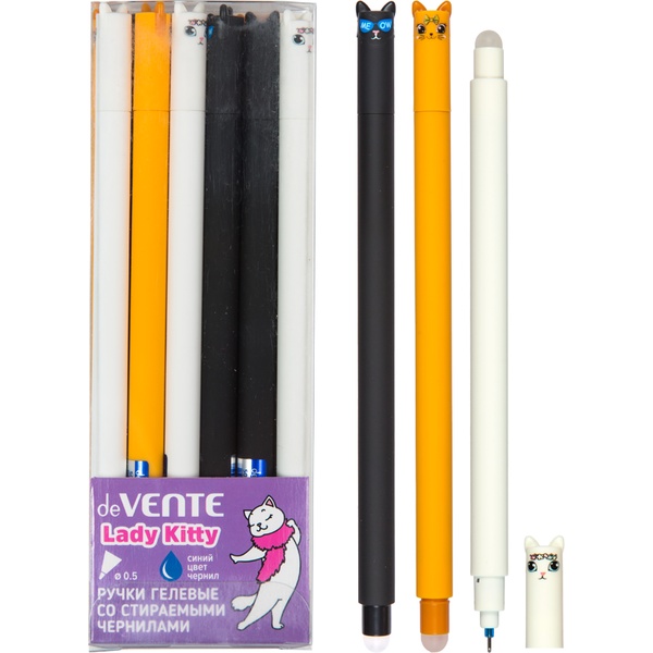 Ручка "пиши-стирай" гелевая, синяя, Ø 0.5 мм "игла", лин. 0.4 мм, круг. корпус, deVENTE Lady Kitty_3 дизайна