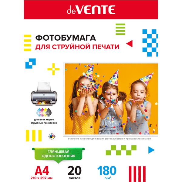 Фотобумага А4, 180 г/м² , 20 л., глянцевая, 1-ст., deVENТЕ