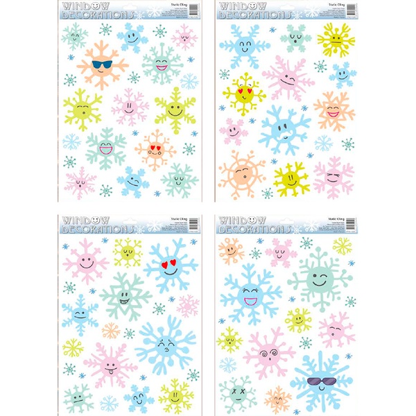 Наклейка новогодняя Darlens "Снежинки-смайлики цветные", 30*42 см, статическая, 4 дизайна (для окон)  Акция!