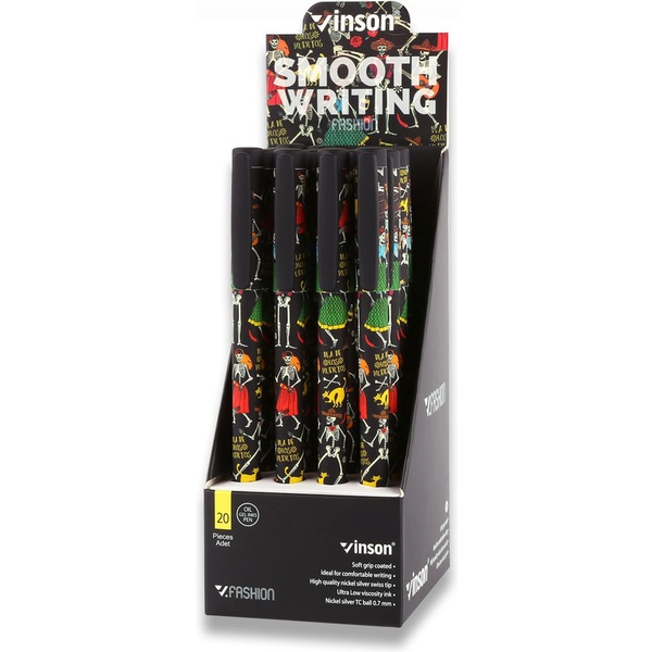 Ручка шариковая, синяя, Ø 0.7 мм "игла", круг. мат. корп., VINSON А6 Скелетики  