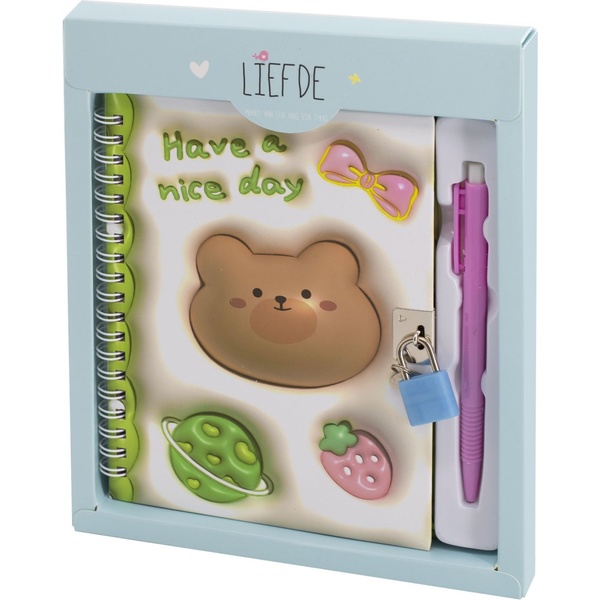 Блокнот с замочком + авторучка в подар. упак. (А5, 45 л., линия, 3D-обл, гребень) Alingar Мишка