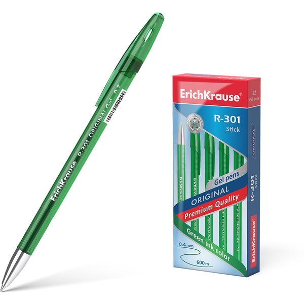 Ручка гелевая зеленая, лин. 0.4 мм, ДП 600 м, рифл. грип, ErichKrause R-301 Gel Stick Original Ручка гелевая зеленая, лин. 0.4 мм, ДП 600 м, рифл. грип, ErichKrause R-301 Gel Stick Original
