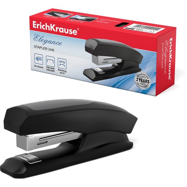 Степлер № 24/6 до 30 л. ErichKrause Elegance Half-strip, 2 типа скрепления, каучук. вставка, черный Степлер № 24/6 до 30 л. ErichKrause Elegance Half-strip, 2 типа скрепления, каучук. вставка, черный