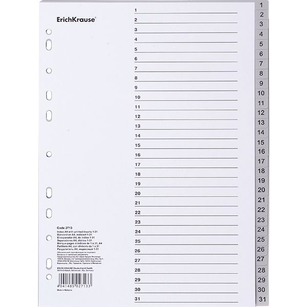 Разделитель листов А4, цифровой (1-31), серый, PP 120 мкм, 31 шт., ErichKrause Акция!