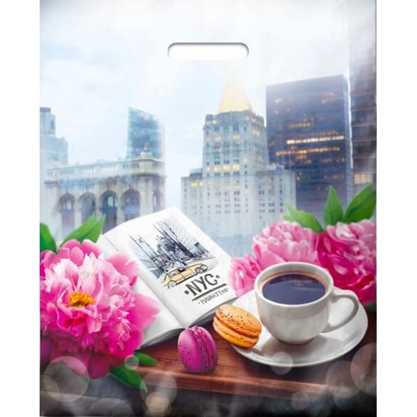 Пакет с вырубной ручкой, 47*38 см, полиэтилен 60 мкм, Кружка кофе и город