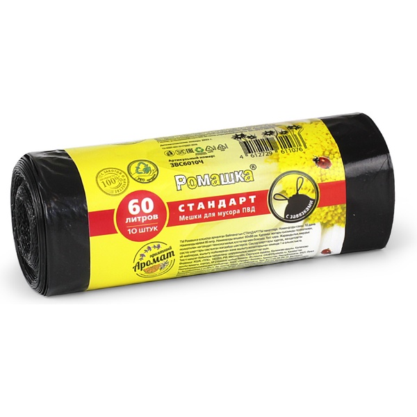 Мешки для мусора с завязками 60 л, 10 шт./р., ПВД 25 мкм, ароматизир., черные, РОМАШКА Стандарт