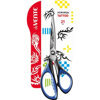 Ножницы 210 мм, эргономичные, прорезин. кольца-лепестки, гравировка, черно-синие, deVENTE Tattoo