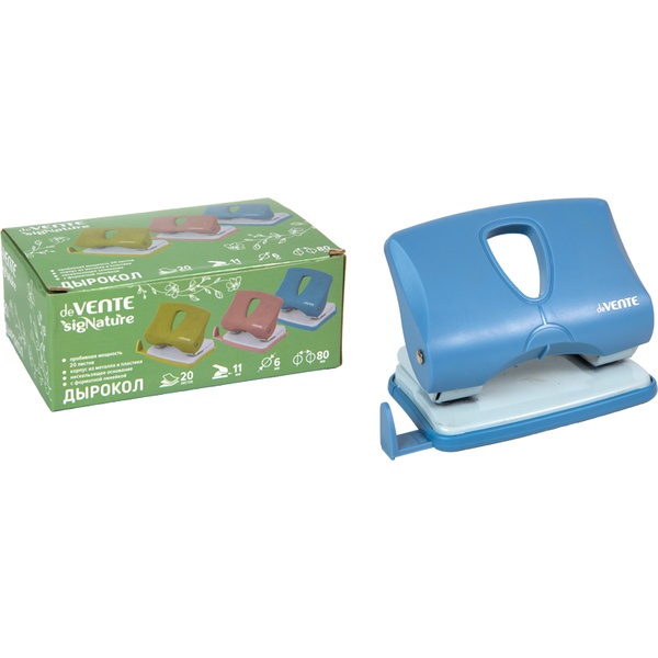 Дырокол на 20 л., 2 отв., пластик. рукоятка, линейка, deVENTE sigNATURE_сумеречный синий