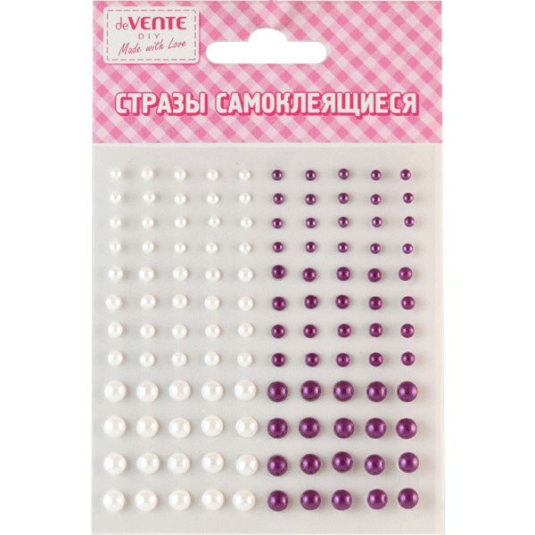 Стразы самоклеящиеся, карточка 95*105 мм (разный р-р), цв.: белый/пурпурный, deVENTE Жемчуг Акция!