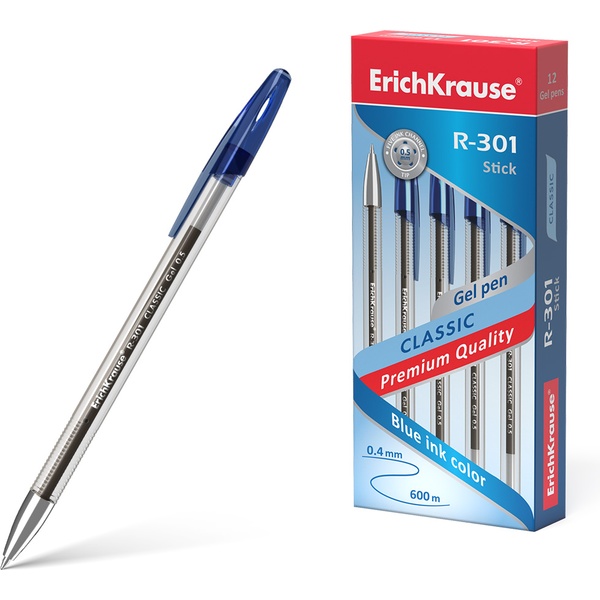 Ручка гелевая синяя, лин. 0.4 мм, ДП 600 м, рифл. грип, ErichKrause R-301 Gel Stick Classic
