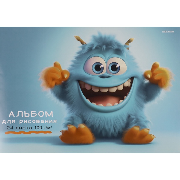 Альбом для рисования А4, 24 л., скоба, 100 г/м², обл. мел. бум., Prof-Press Голубой монстрик