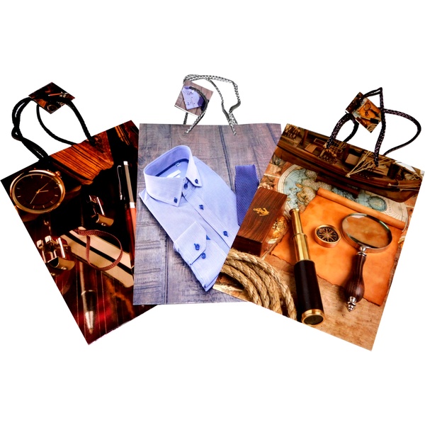 Пакет подарочный, 18*24*7 см, мел. бумага 128 г/м², глянц. лам., Мужской_4 дизайна Акция!