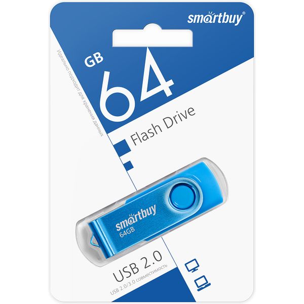 Флеш-накопитель USB 2.0, 64 ГБ, Smartbuy Twist Blue/синий