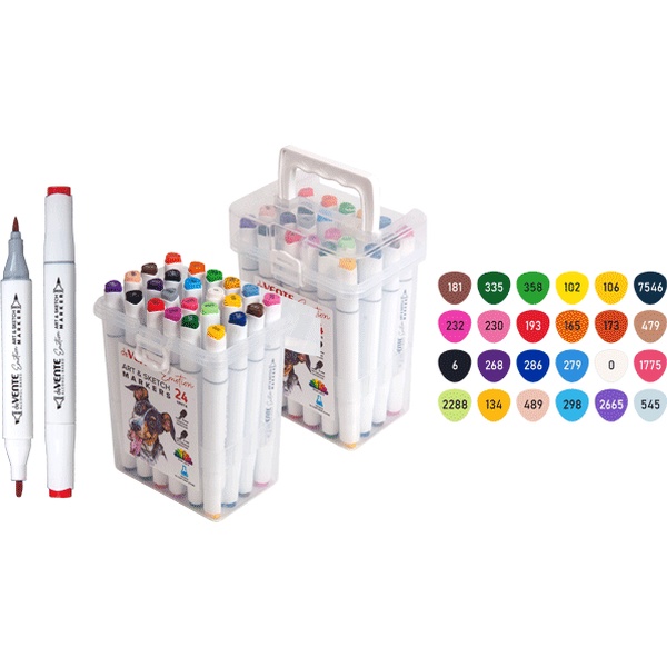 Скетчмаркеры 2-сторонние, набор 24 цв., спирт. основа, перо кисть/клин, deVENTE Emotion (пласт. кор.)