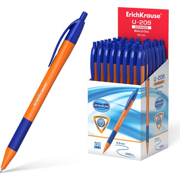 Ручка шариковая автомат., синяя, 1.0 мм "игла", эрг. грип, ErichKrause U-209 Matic&Grip Orange