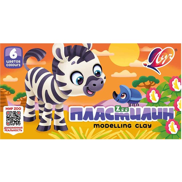 Пластилин классический ЛУЧ Zoo: 6 цветов, брусок 15 г, стек (к/к)