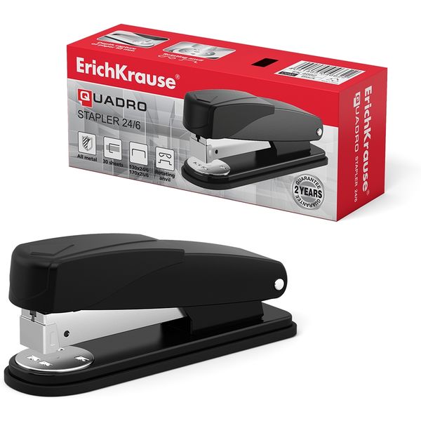 Степлер № 24/6 до 30 л. ErichKrause Quadro Half-strip, 2 типа скрепления, металлический, черный Степлер № 24/6 до 30 л. ErichKrause Quadro Half-strip, 2 типа скрепления, металлический, черный