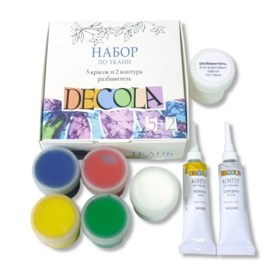 Набор по ткани DECOLA: акрил.краска (5 цв. по 20 мл), 2 контура (18 мл), разбавитель (20 мл)