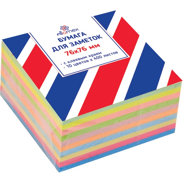 Бумага для заметок с клеевым краем, 76*76 мм, 400 л., 75 г/м2, 6 неоновых и 4 пастельных цветов, Attomex