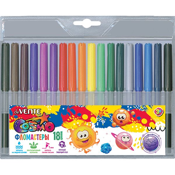 Фломастеры 18 цветов deVENTE Cosmo, круглые, чернила на в/о, ШЛ 1.0 мм, цв. вент. колпачок, пвх